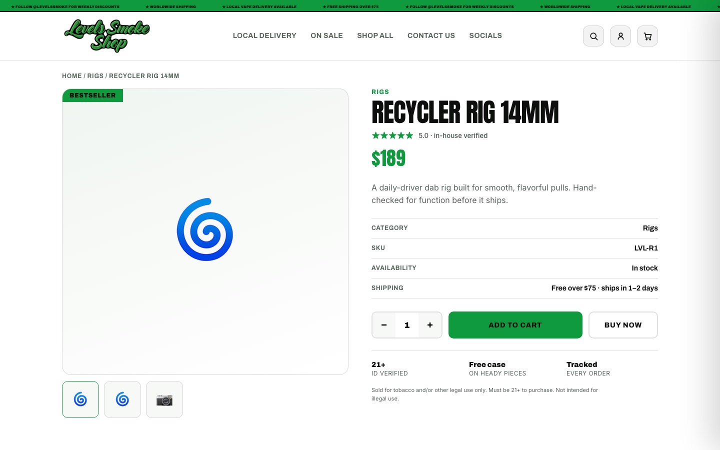 Levels product page with spec table and add to cart