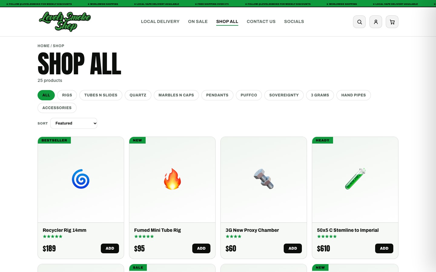 Levels collection page with category filtering